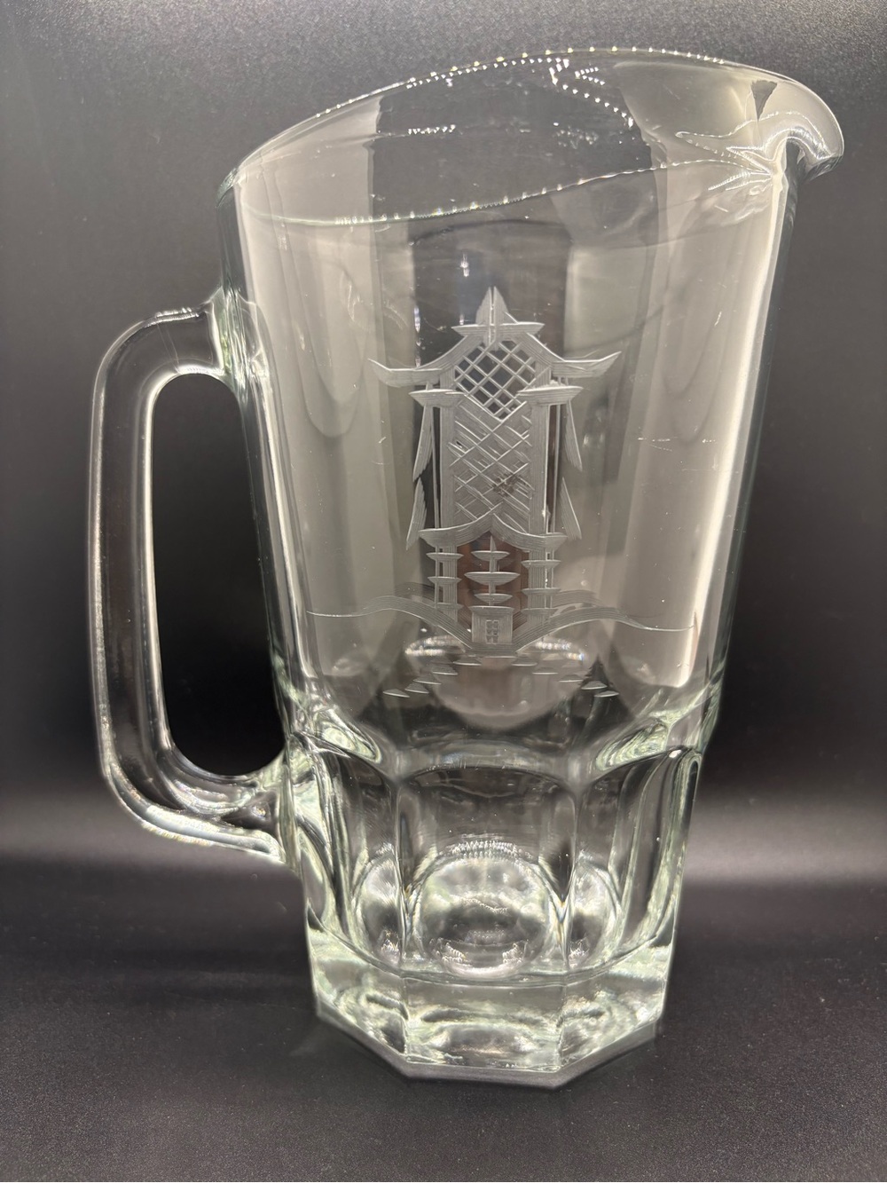 Clear Glass Beverage Pitcher with Etched Pagoda Design